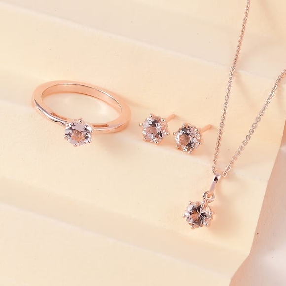 Genuine Morganite Solitaire Ring, Earrings & Necklace Set. - Picture 2 of 7